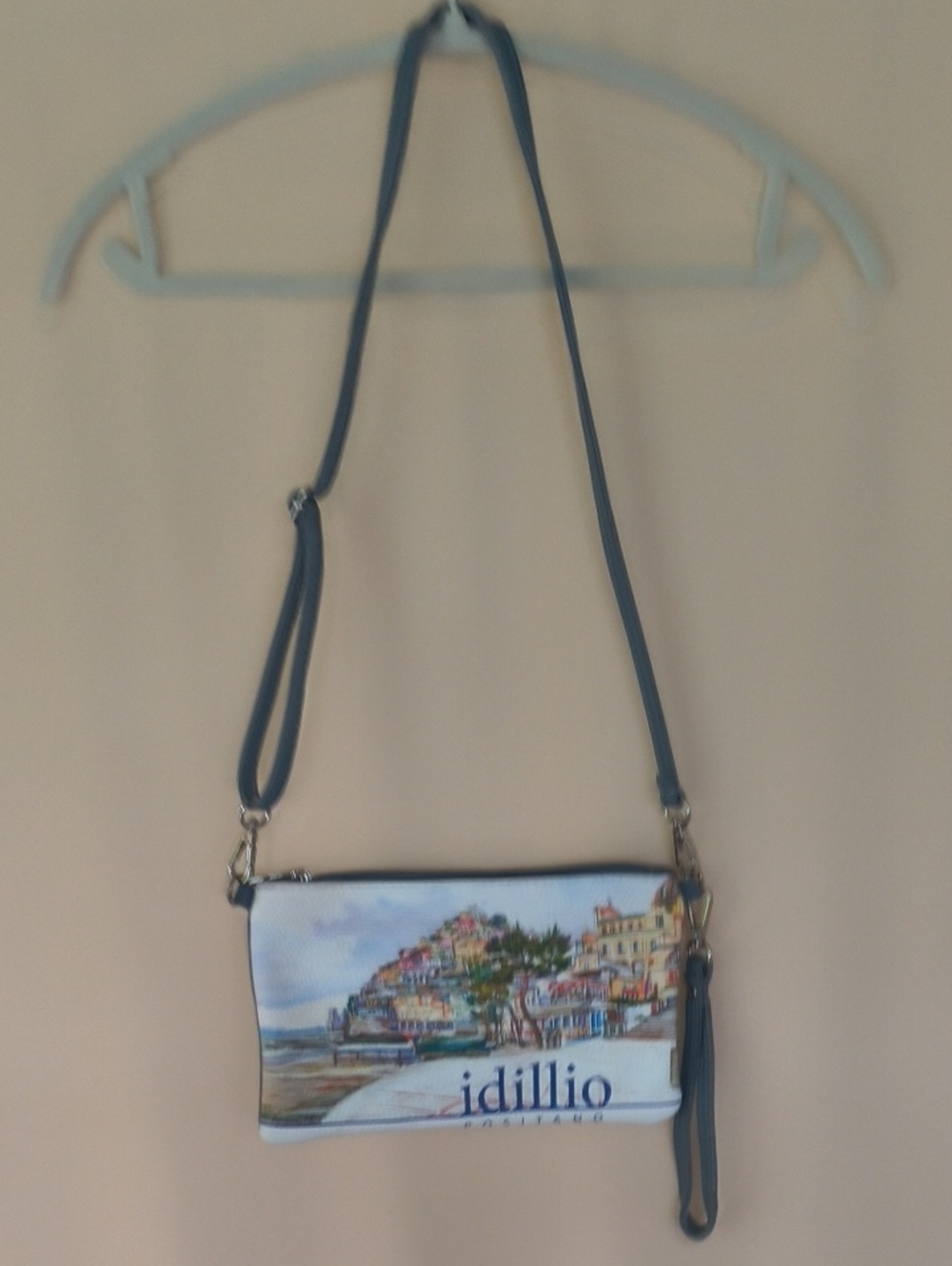 Idillio Positano Genuine Leather Coastal Print Crossbody Bag with Wristlet Strap